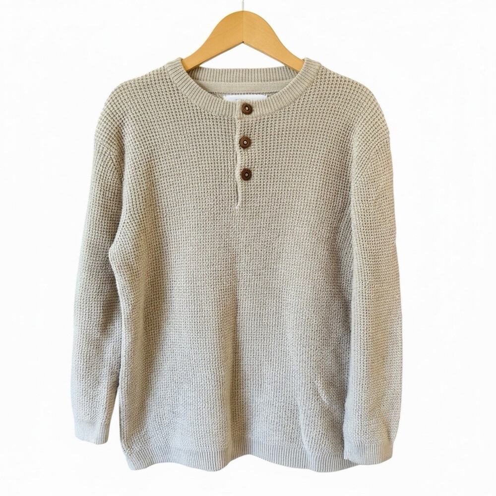 Zara Kids Boys Knit Henley Sweater Size 6-7 Years Beige Waffle Crew Neck Button